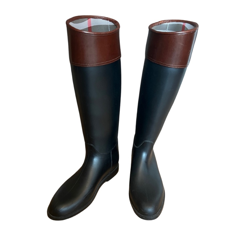 Burberry Rain Boots Womens Sz 39 Black Colorblock Knee High Rubber Leather Trim